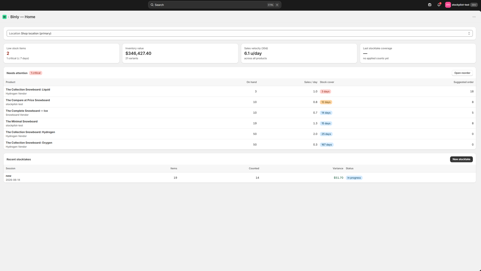 Binly inventory dashboard showing stock levels and low-stock items
