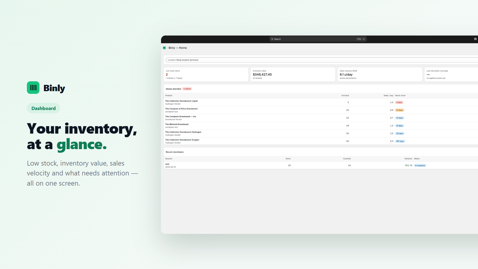 Binly dashboard — inventory at a glance