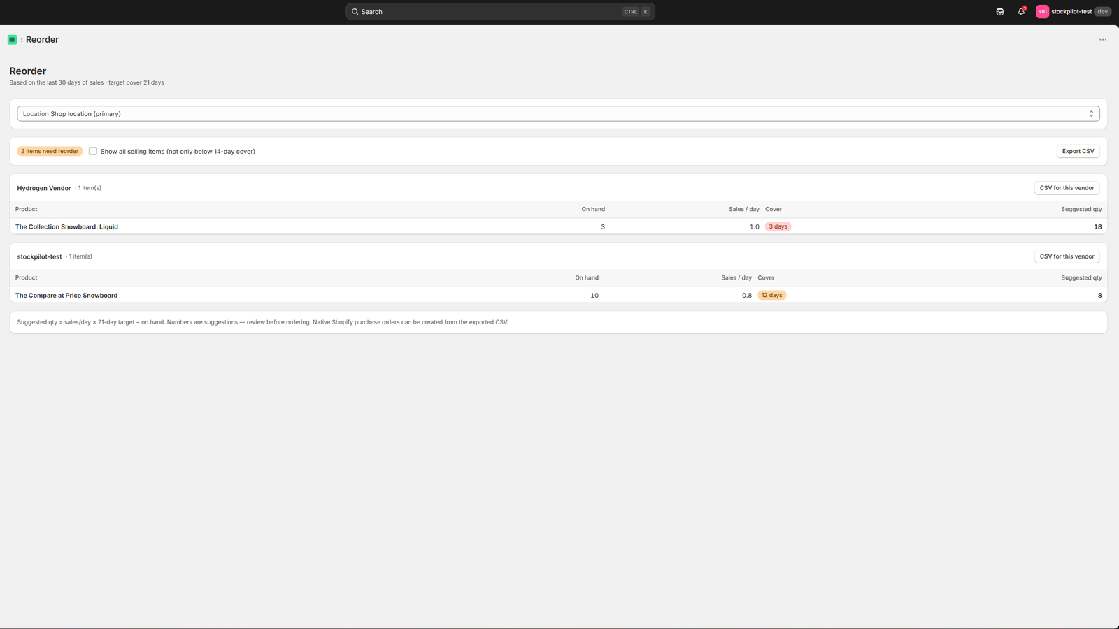 Binly purchase order screen showing reorder suggestions based on sales velocity