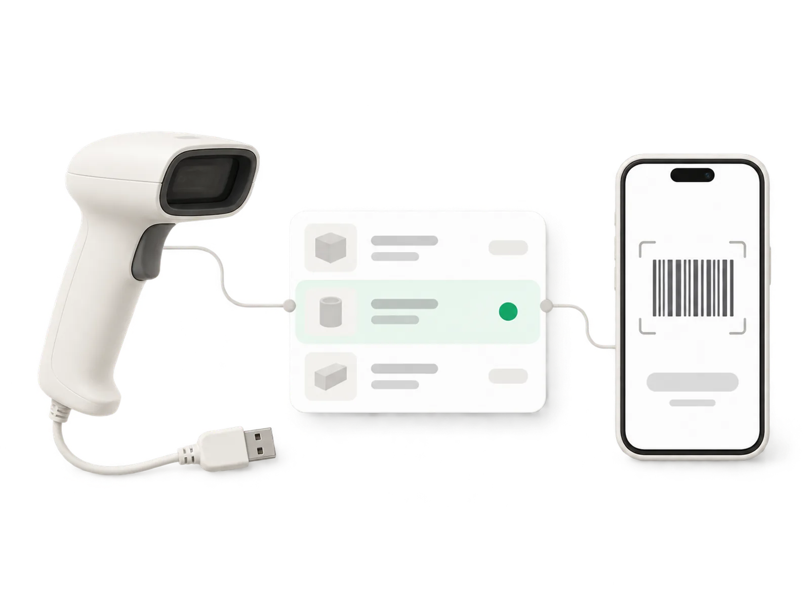 Illustration of a USB barcode scanner and a phone both feeding scans into one shared inventory list card
