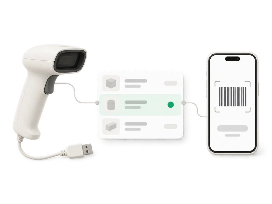 Illustration of a USB barcode scanner and a phone both feeding scans into one shared inventory list card