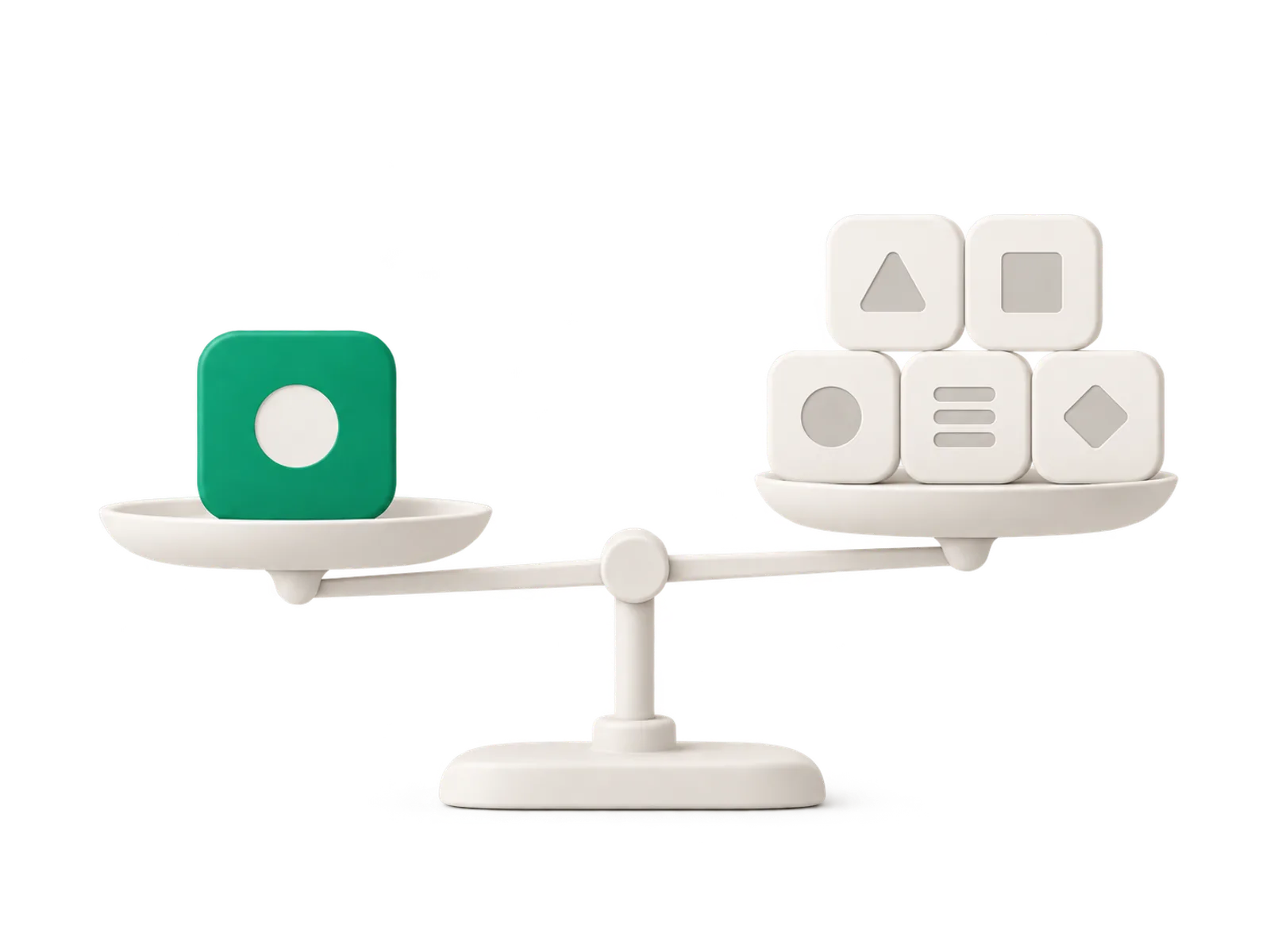 Illustration of six app tiles balanced on a scale, one green tile weighed against five neutral tiles