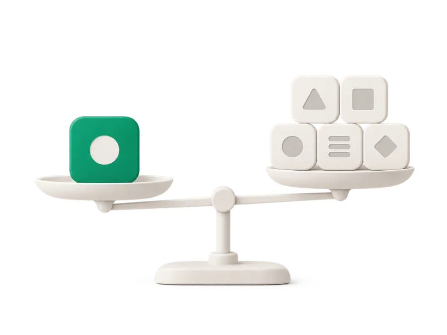 Illustration of six app tiles balanced on a scale, one green tile weighed against five neutral tiles