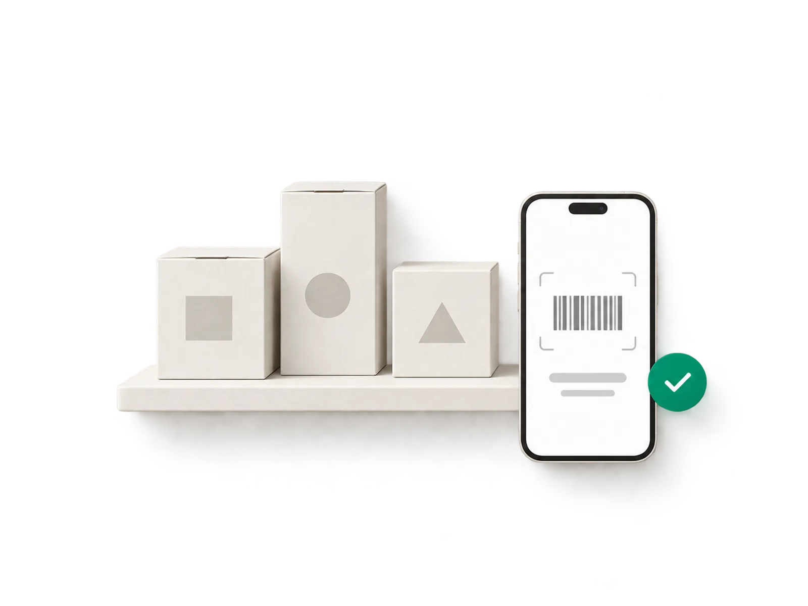 Illustration of a small shelf with three cartons and a phone scanning a barcode with a green checkmark badge