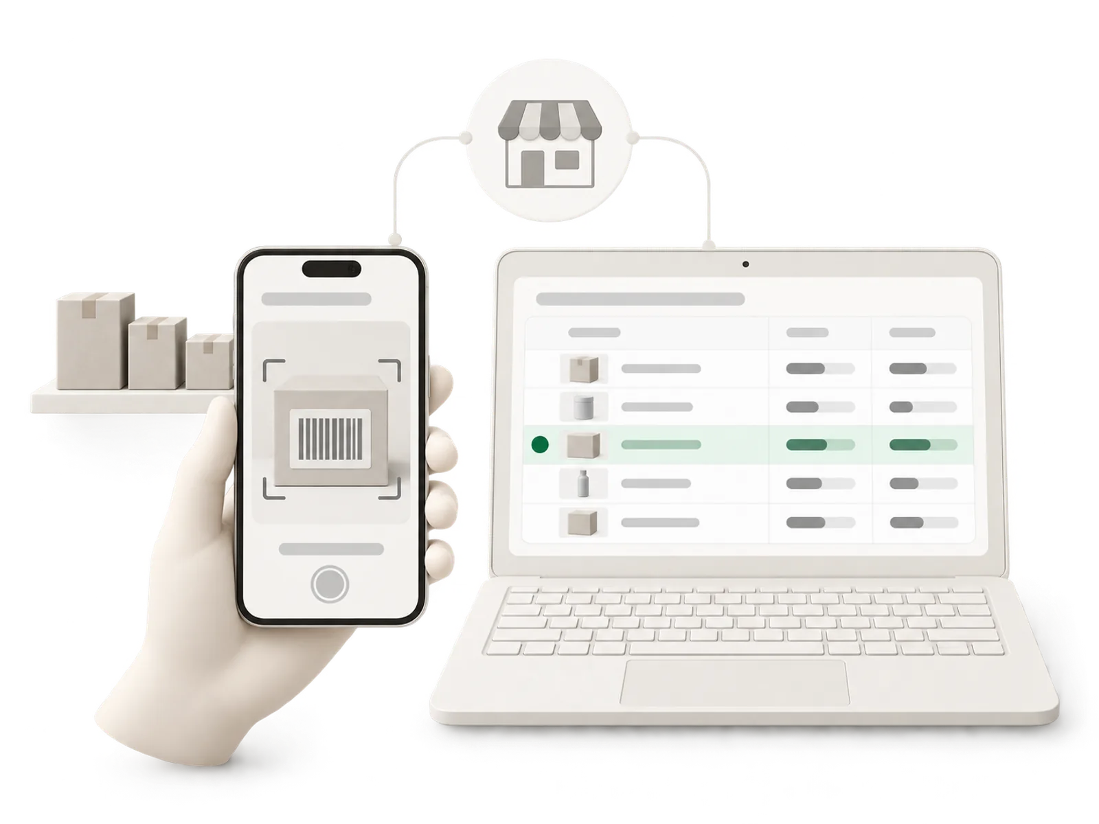 Illustration of a hand holding a phone scanning a barcode next to a laptop showing a variance report, both connected to a small storefront icon