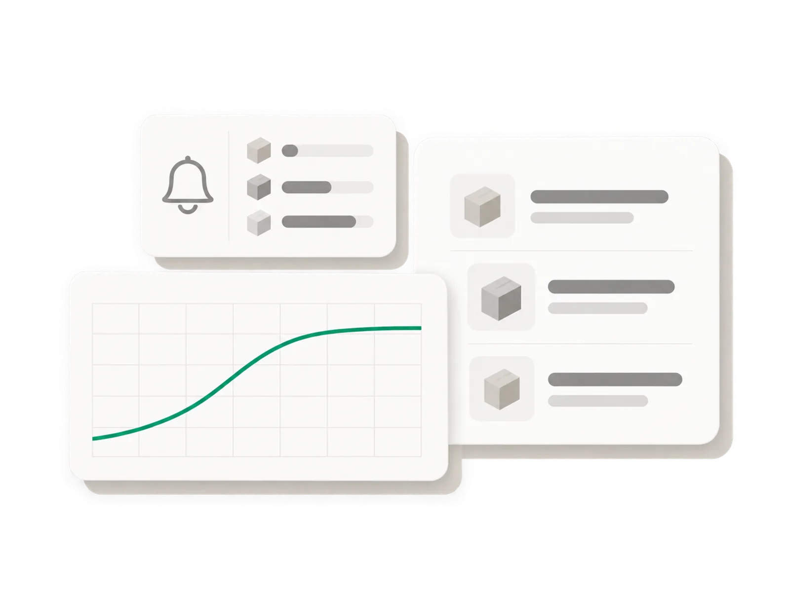 Illustration of three dashboard cards: a low stock bell, a reorder list and a rising cost trend line