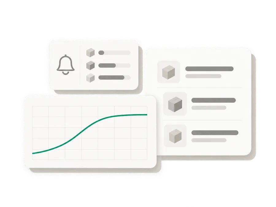 Illustration of three dashboard cards: a low stock bell, a reorder list and a rising cost trend line