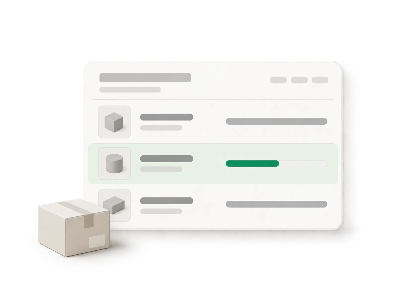 Illustration of a purchase order card with three delivery rows, the middle one shown partially received in green