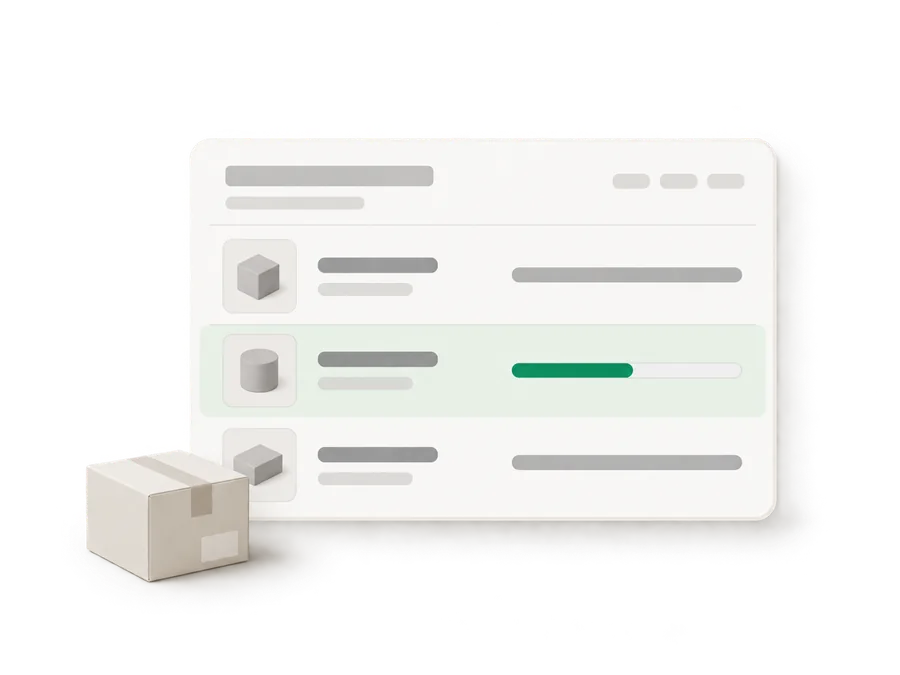 Illustration of a purchase order card with three delivery rows, the middle one shown partially received in green