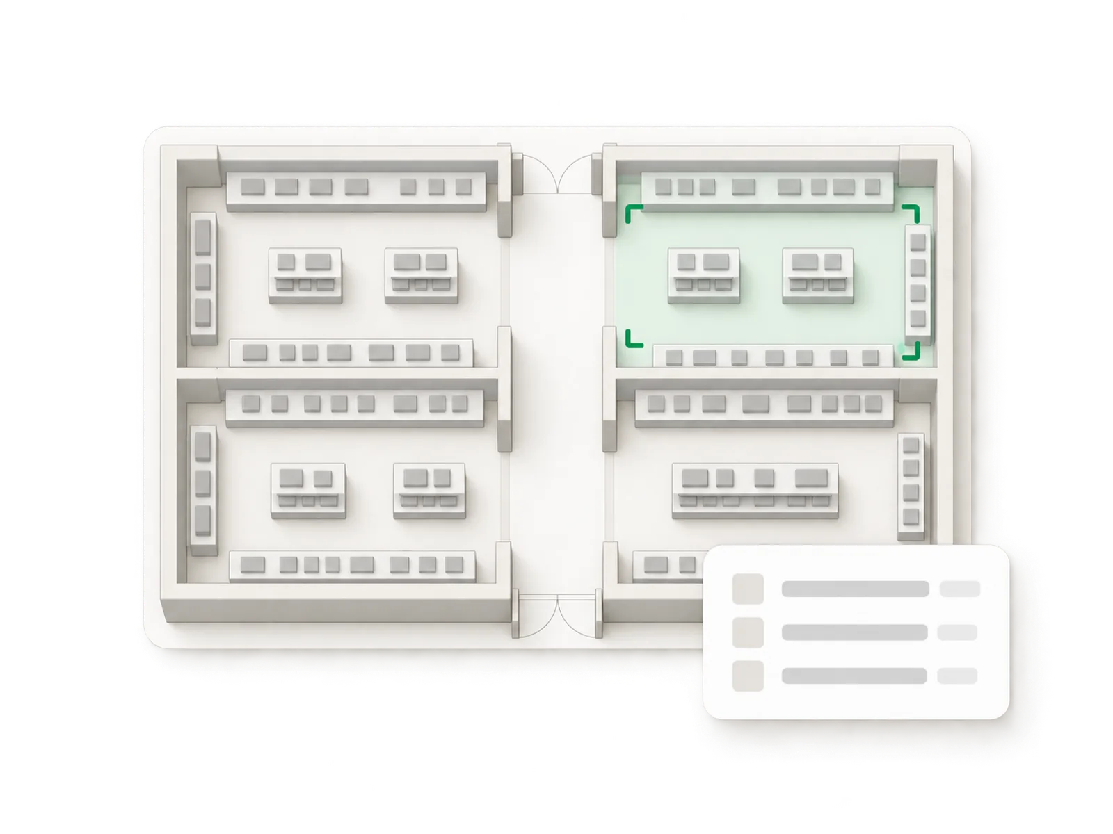 Illustration of a top-down shop floor plan with one section tinted green to show it is currently being counted