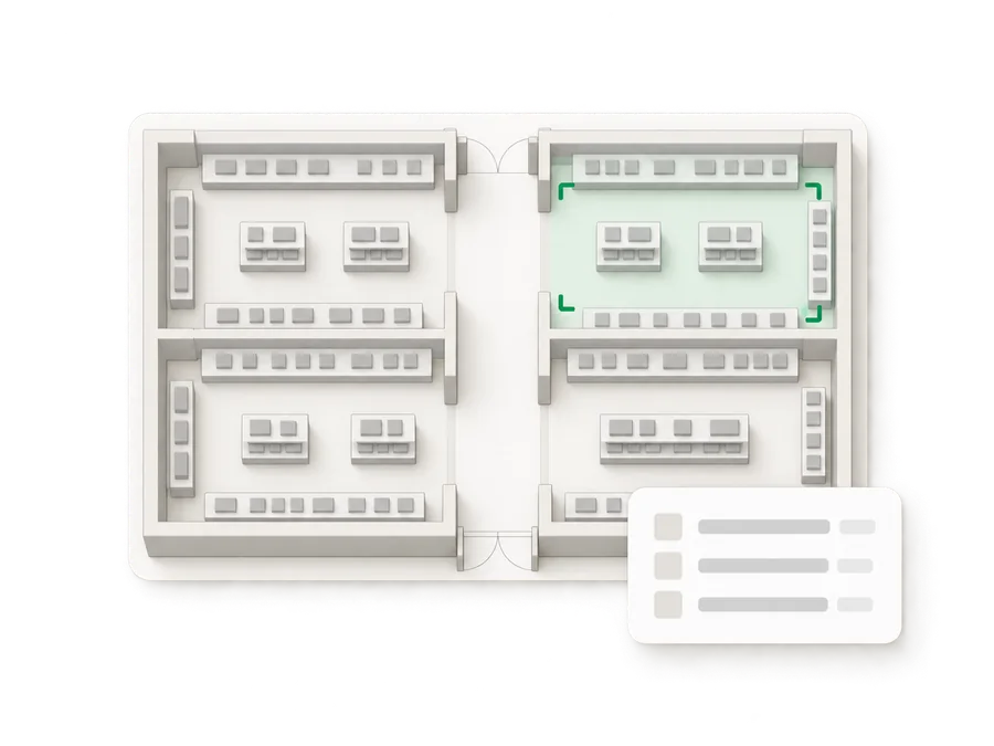 Illustration of a top-down shop floor plan with one section tinted green to show it is currently being counted