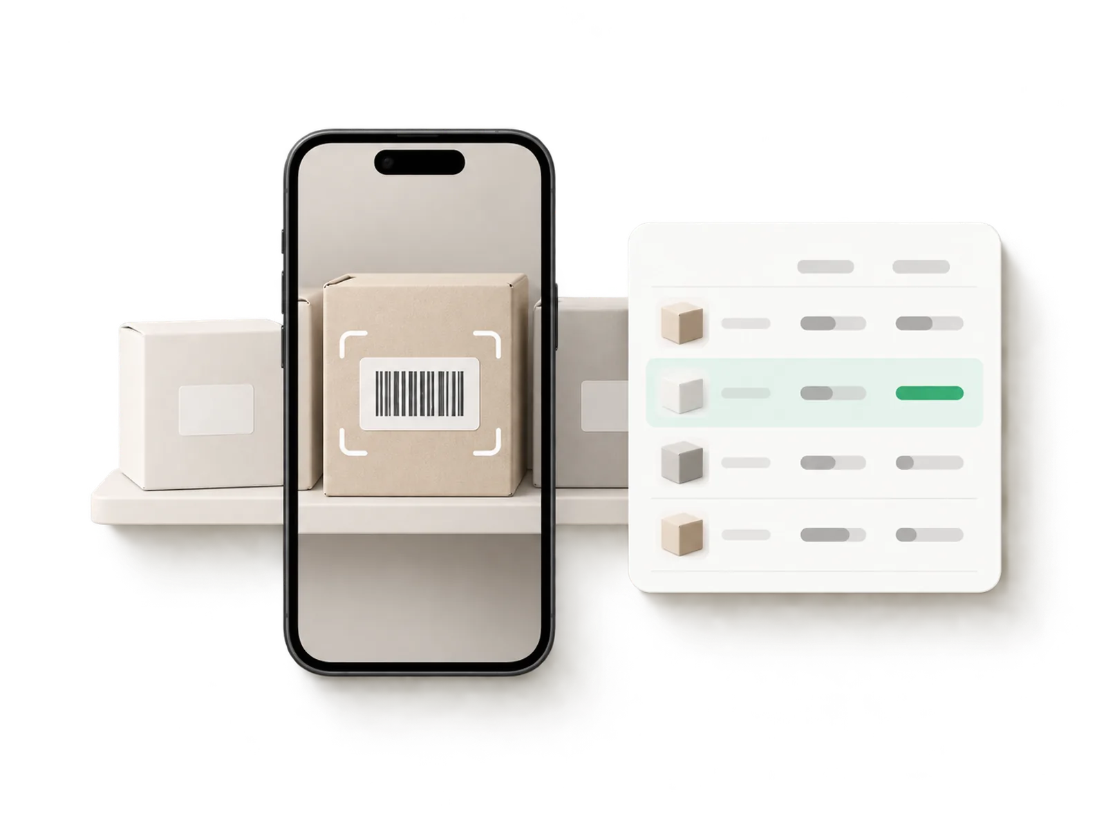 Illustration of a phone scanning a barcode on a product box on a shelf beside a variance report card with one highlighted row