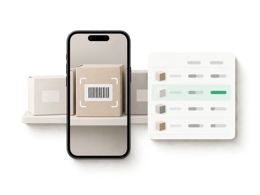 Illustration of a phone scanning a barcode on a product box on a shelf beside a variance report card with one highlighted row