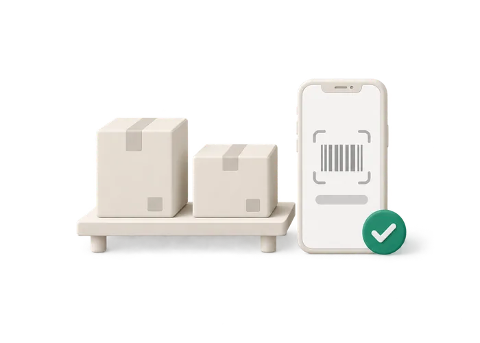 Illustration of a small shelf with a free plan badge and a phone scan