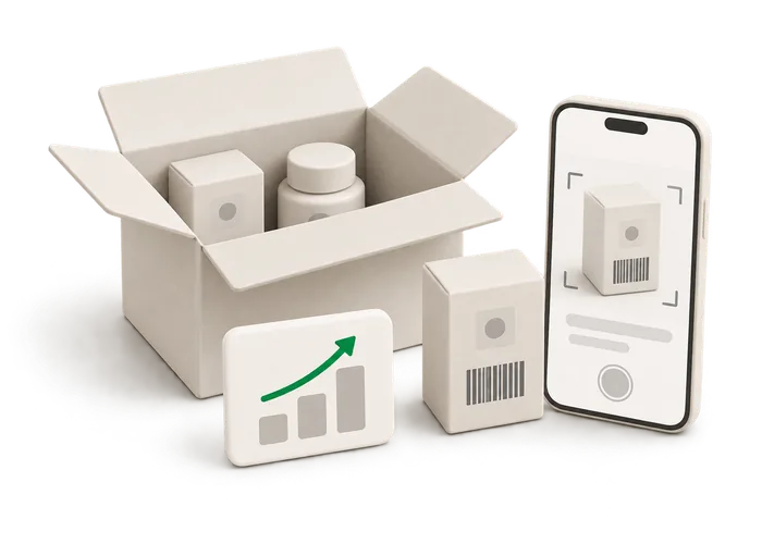 Illustration of an open delivery box being scanned unit by unit