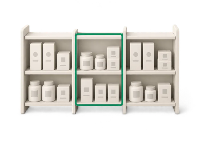 Illustration of a shop shelf split into a counted section and an uncounted section