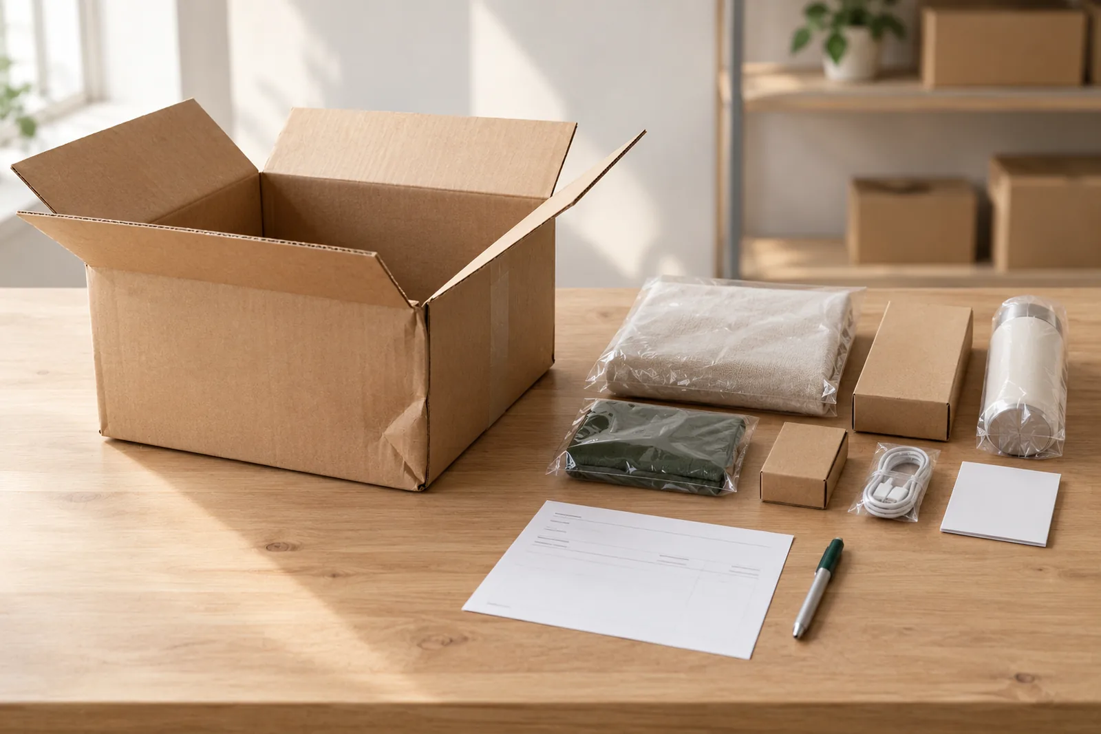 Ein offener Karton auf einem Holztisch neben Ware in Plastikbeuteln, kleinen Produktkartons, einem Lieferschein aus Papier und einem Stift, bereit zum Abgleich mit der Lieferung