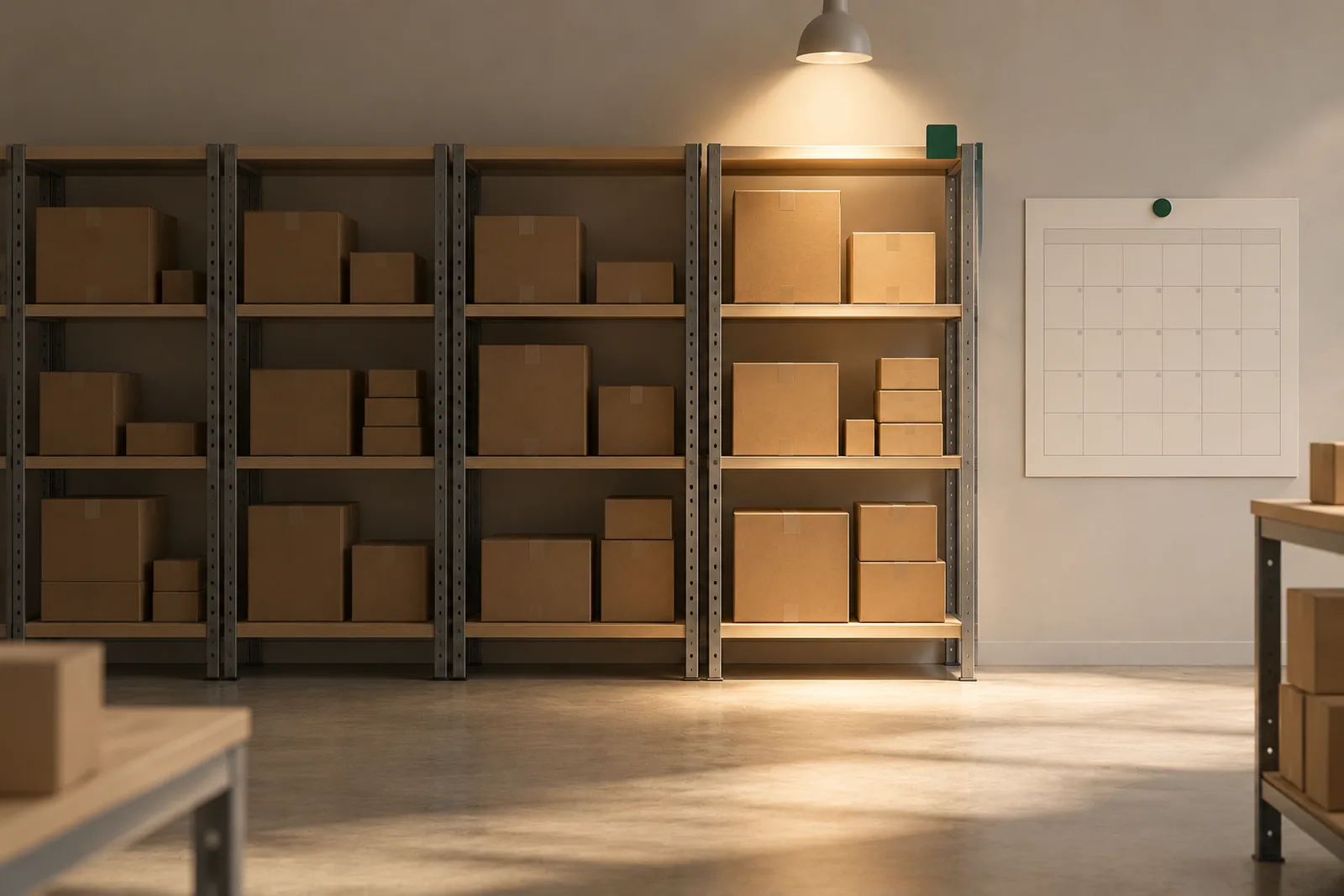 Eine Lagerwand mit vier Stahlregalfeldern voller Kartons, das rechte Feld von einem Spot beleuchtet, daneben ein Wandkalender