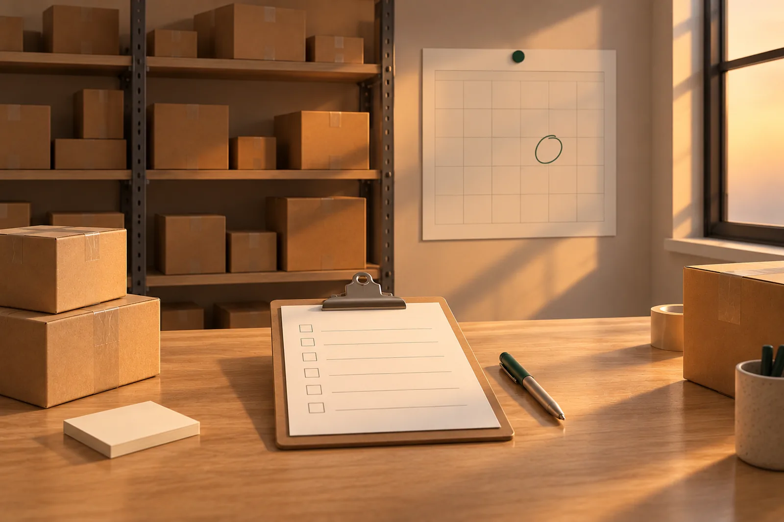 A wooden desk with a blank checklist on a clipboard, a green pen and sticky notes, in front of shelves of cardboard boxes and a wall calendar with one date circled