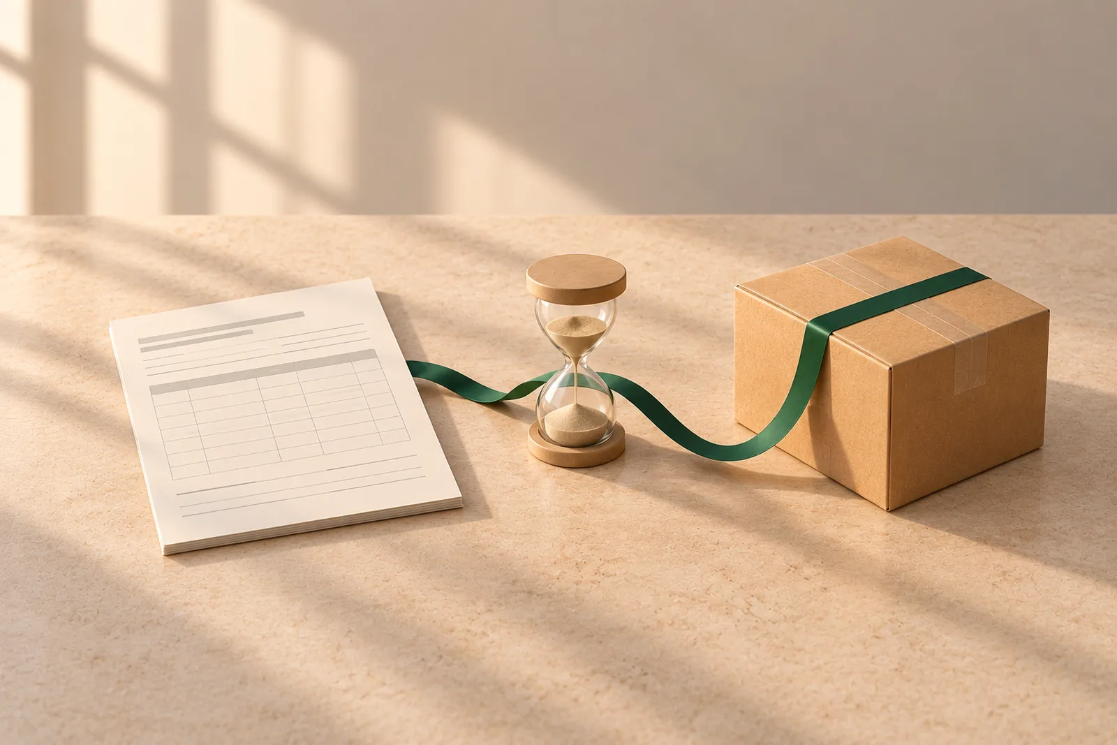 A blank purchase order form and a cardboard box joined by a green ribbon, with an hourglass in the middle