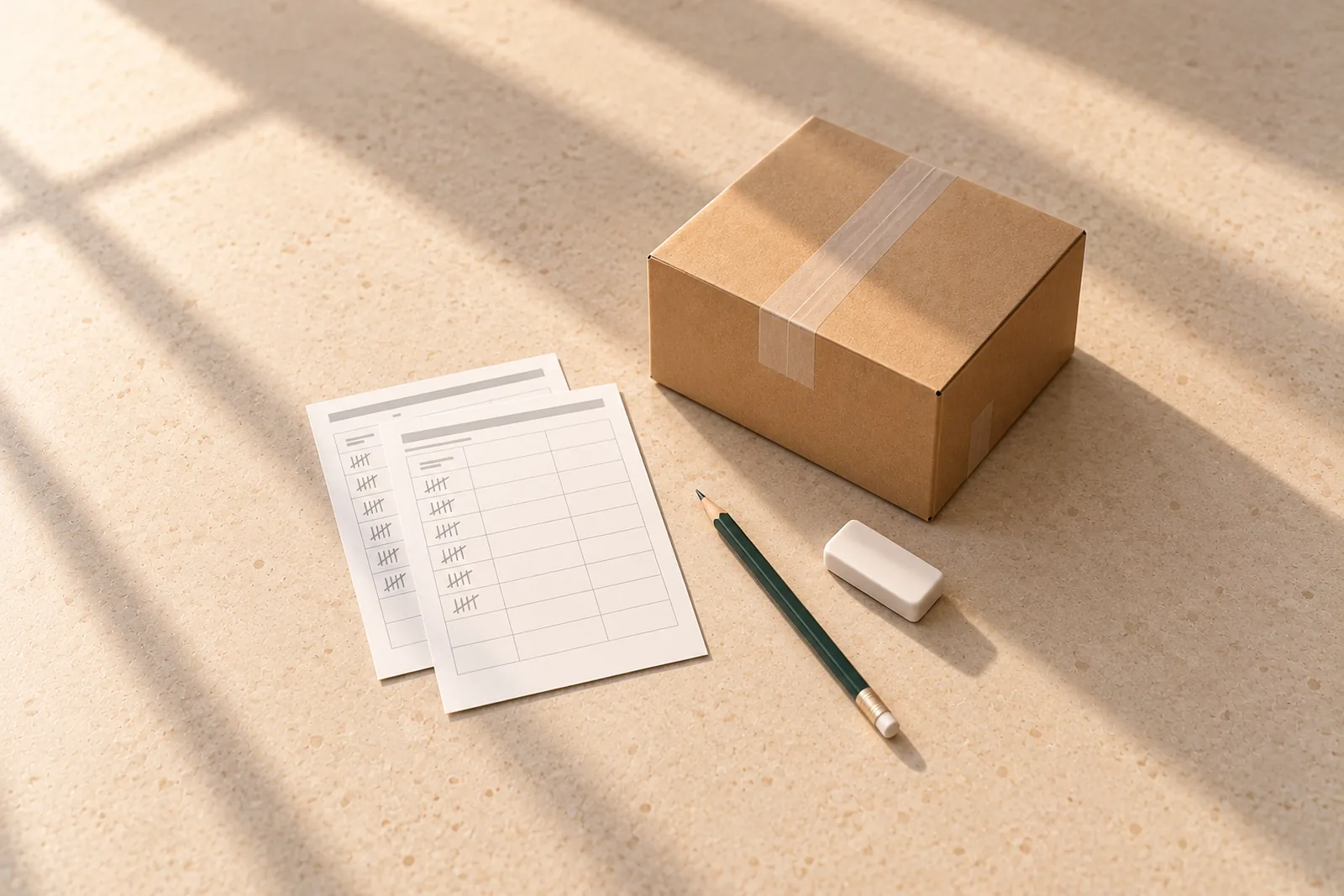 A taped cardboard box on a desk beside two printed tally sheets, a green pencil and an eraser