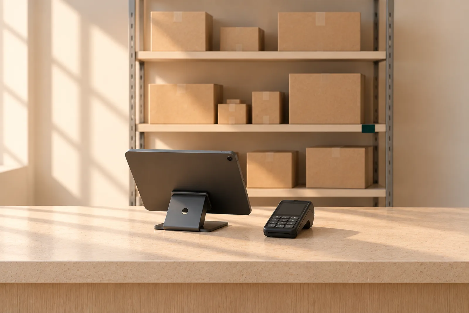 A tablet on a stand and a card reader on a shop counter, with shelves of boxes behind