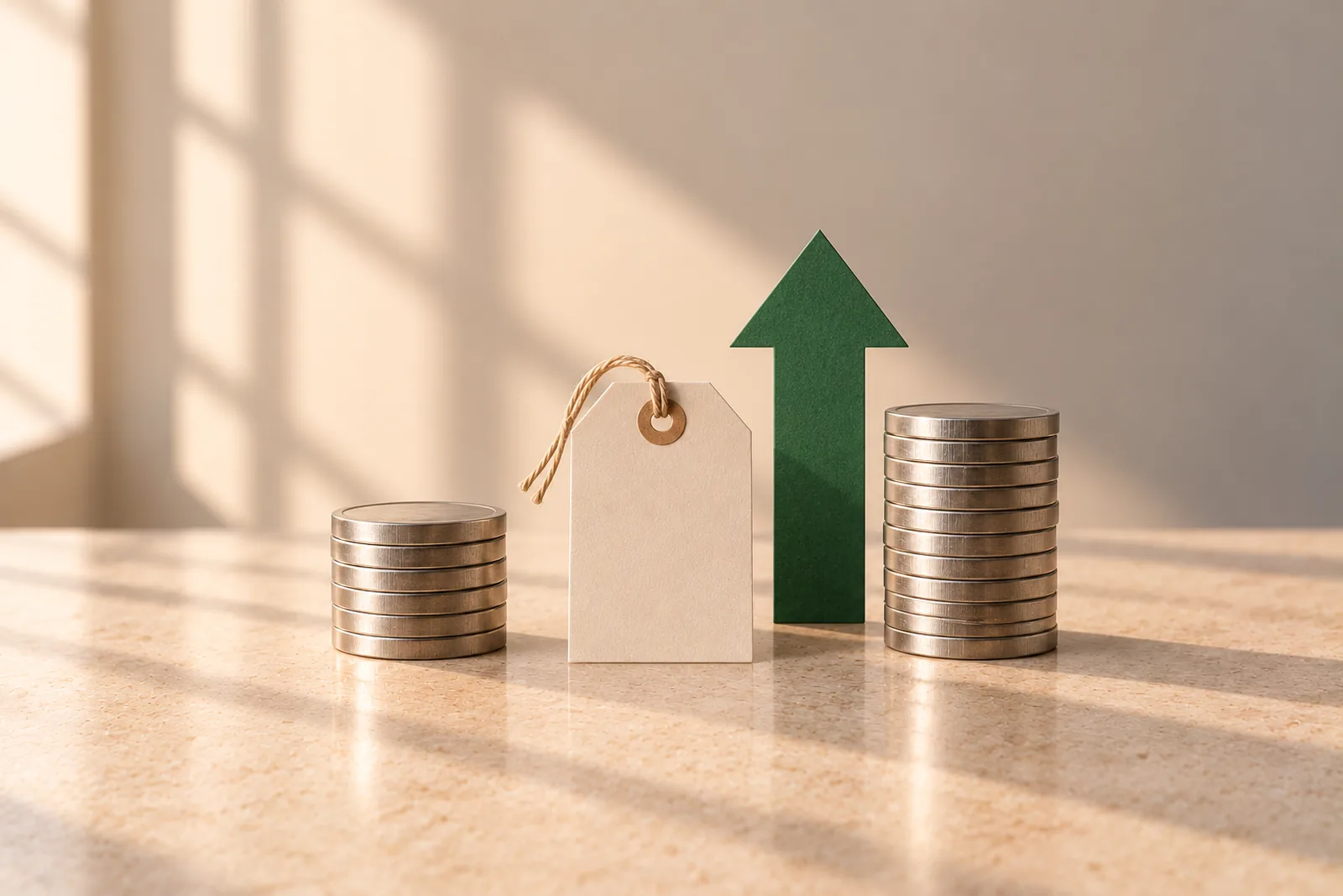 A blank paper price tag between a short stack and a tall stack of coins, with a green upward arrow behind it