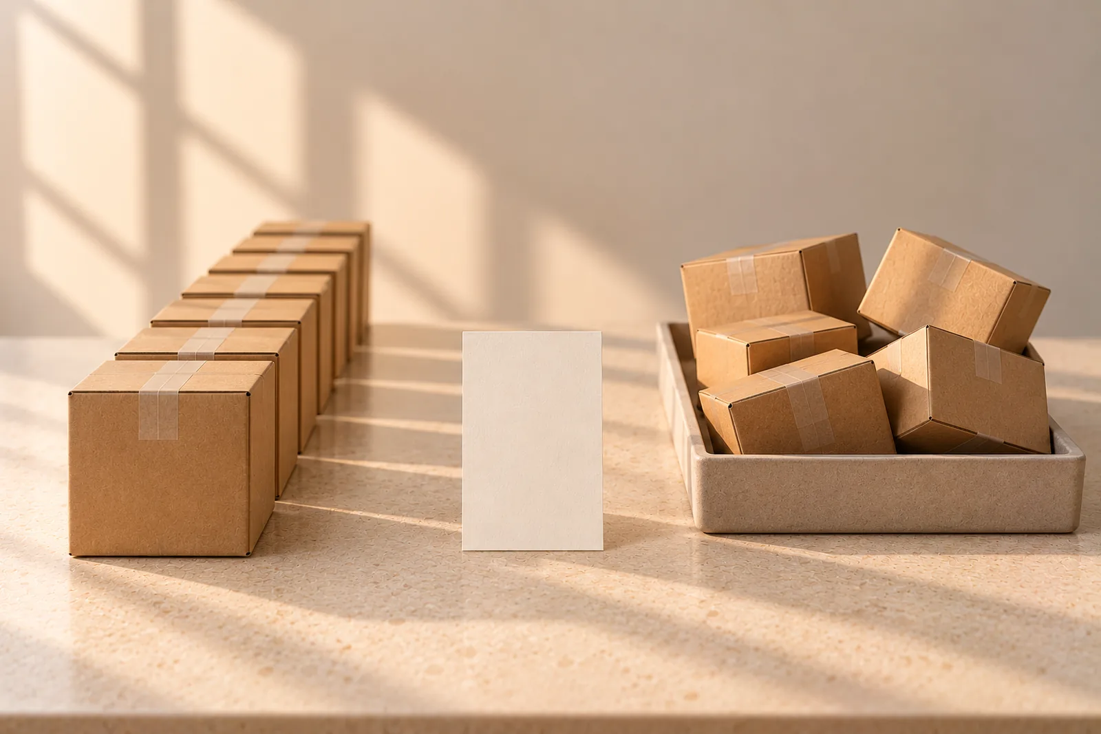 A neat row of identical cardboard boxes on the left and a tray of jumbled mixed boxes on the right, with a blank card between