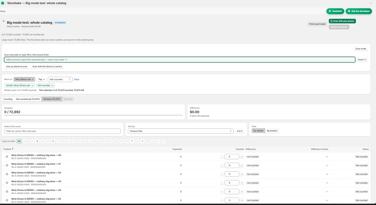 Binly count of 72,892 lines with the Work on filter bar, tabs and an A to Z rail