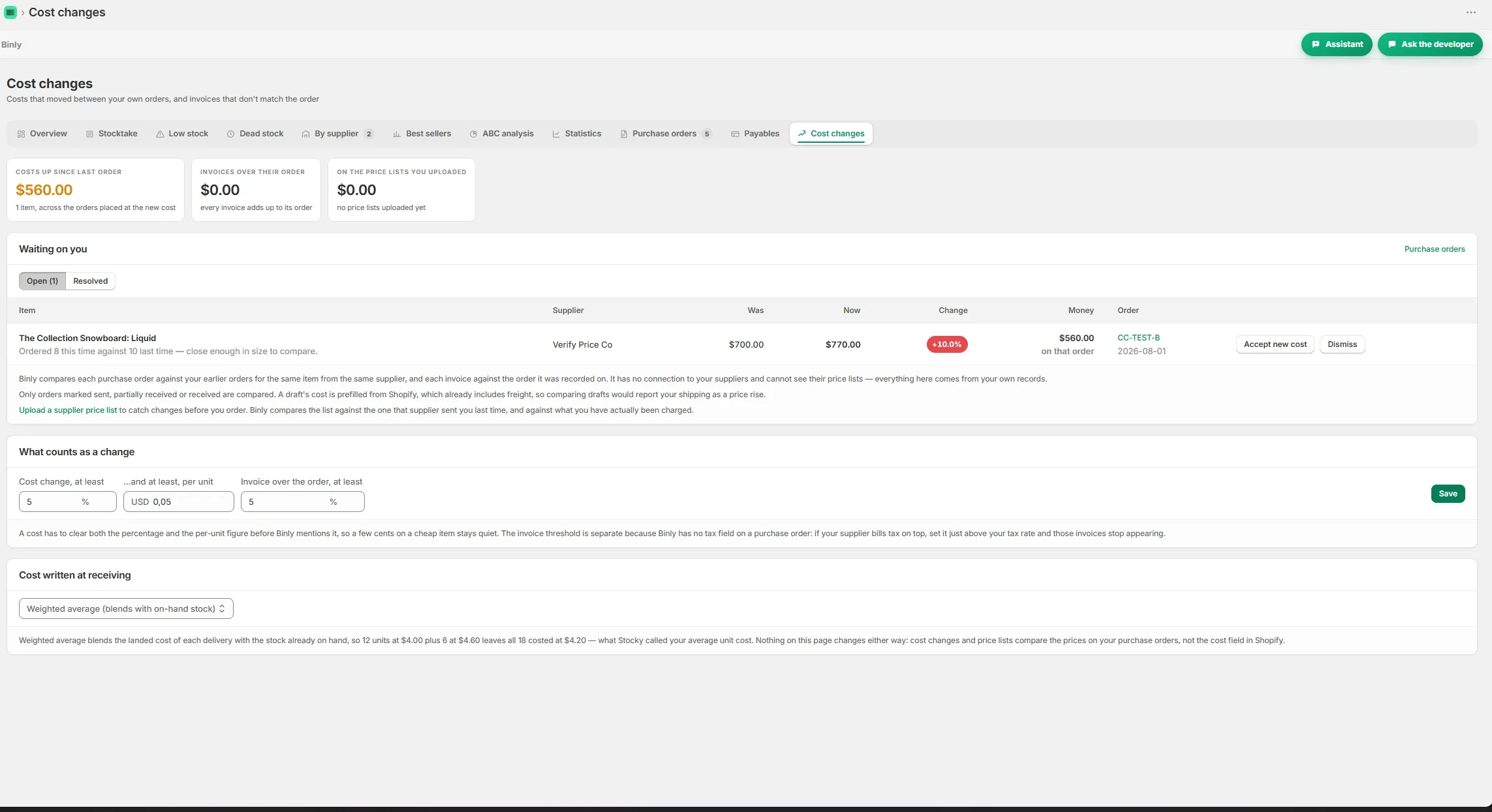 A cost change alert comparing supplier prices