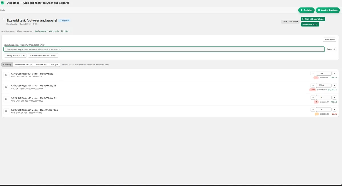 Binly stocktake screen with live variance while counting