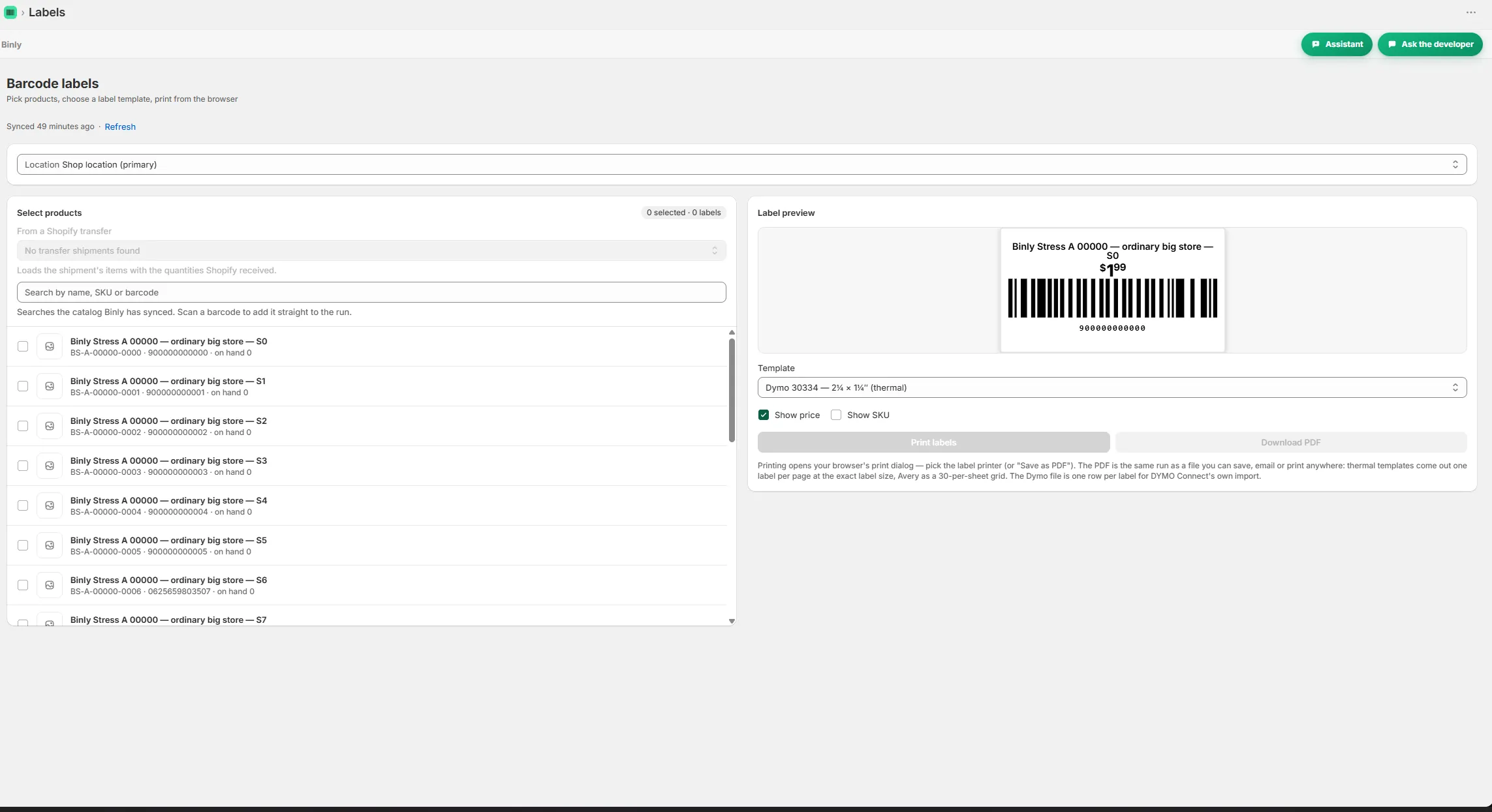 Barcode and price labels ready to print