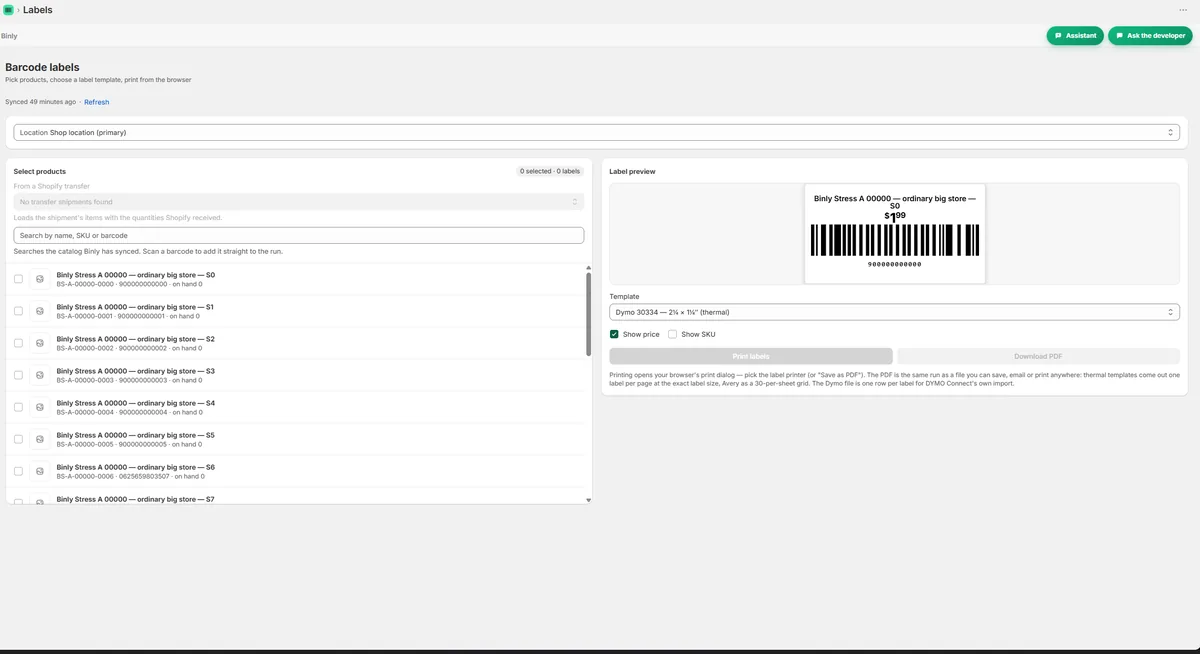 Binly label printing screen with templates and a label preview