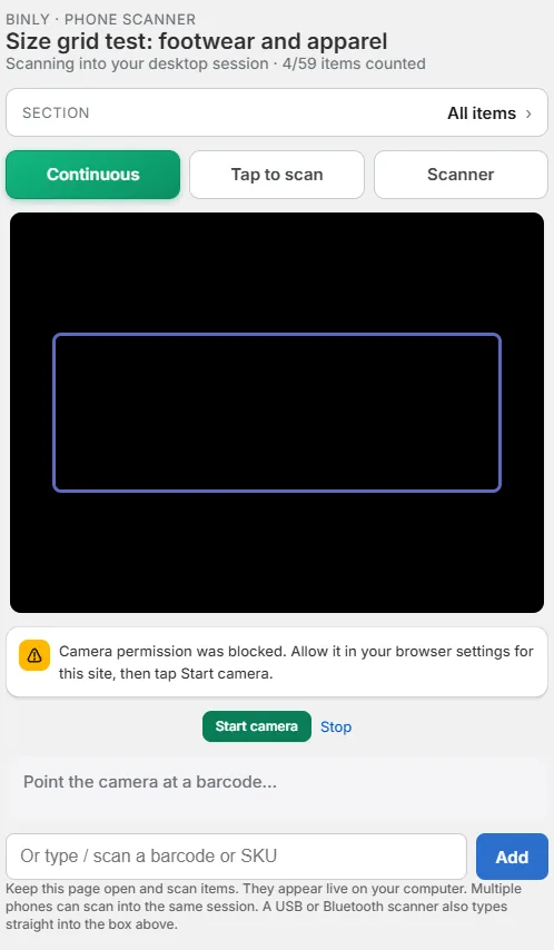 The Binly phone scanner page counting into the same session as the desktop