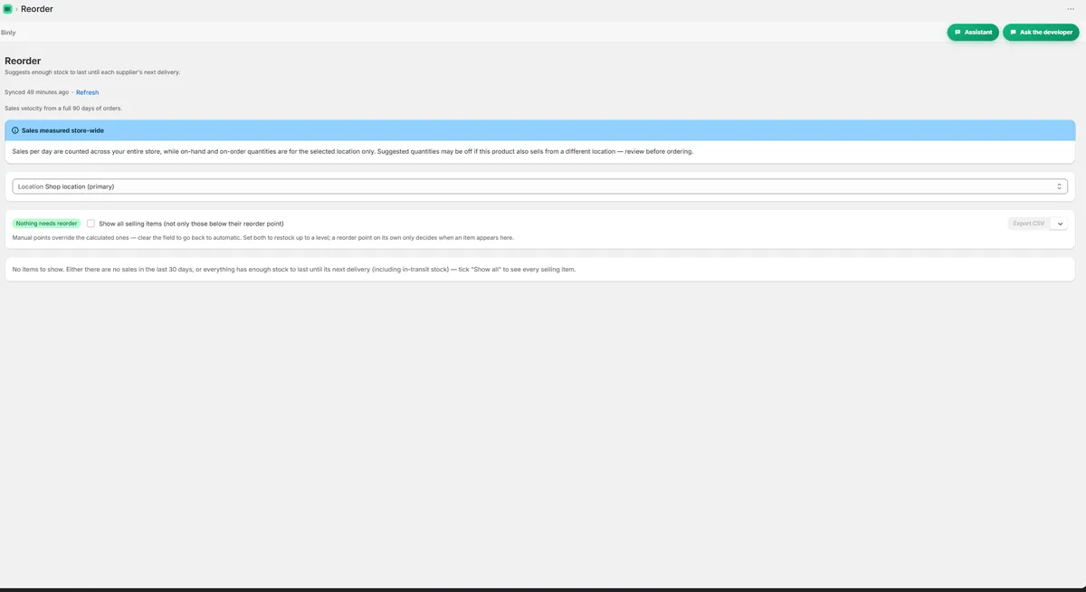 Binly reorder screen with days of cover and suggested quantities by vendor