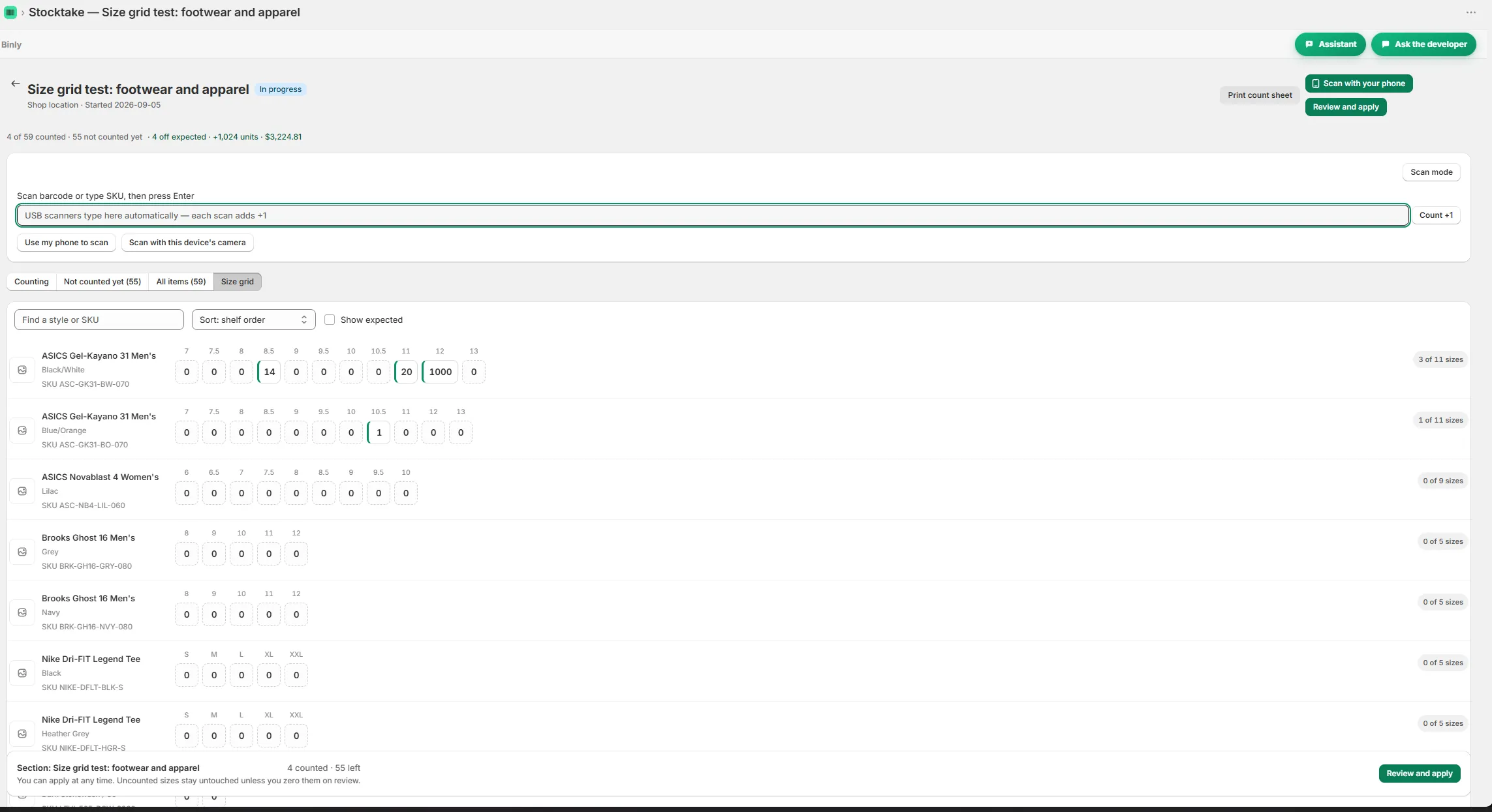 Size grid view for counting variants by size