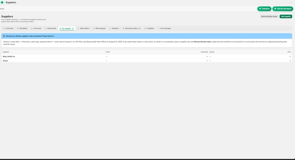Binly suppliers screen with lead times, minimums and payment terms