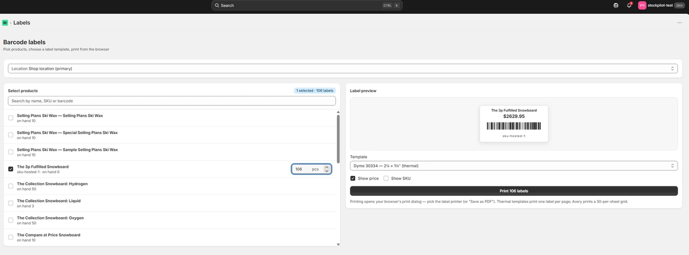 Binly barcode label builder with a Dymo thermal template preview
