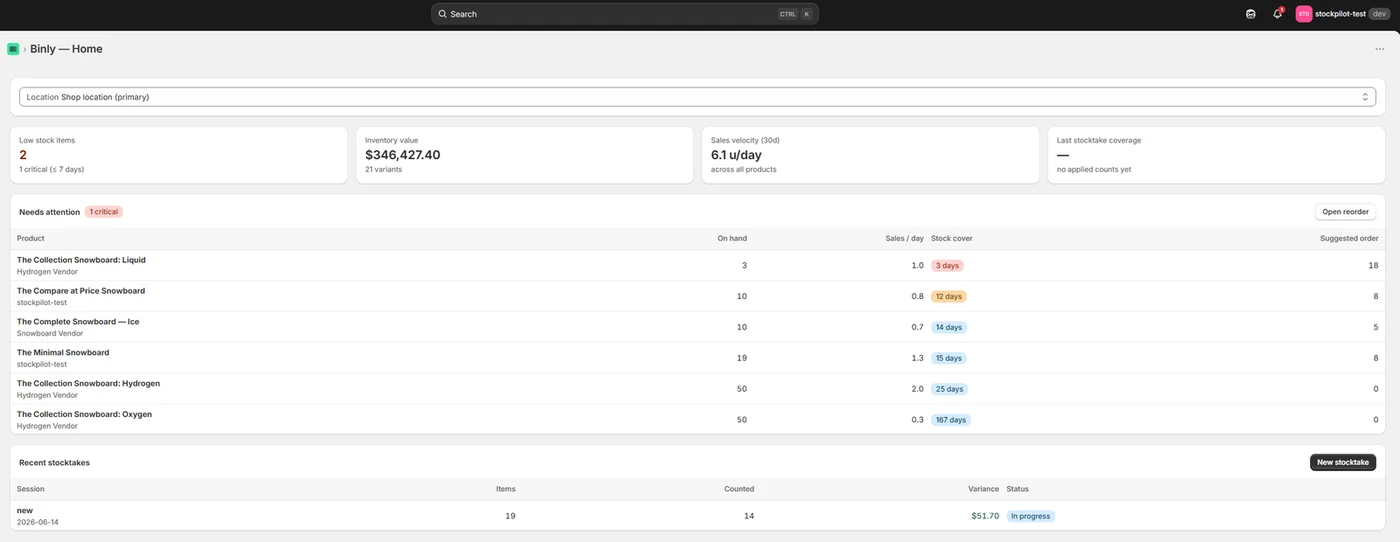 Binly home screen showing inventory value, sales velocity and items needing attention