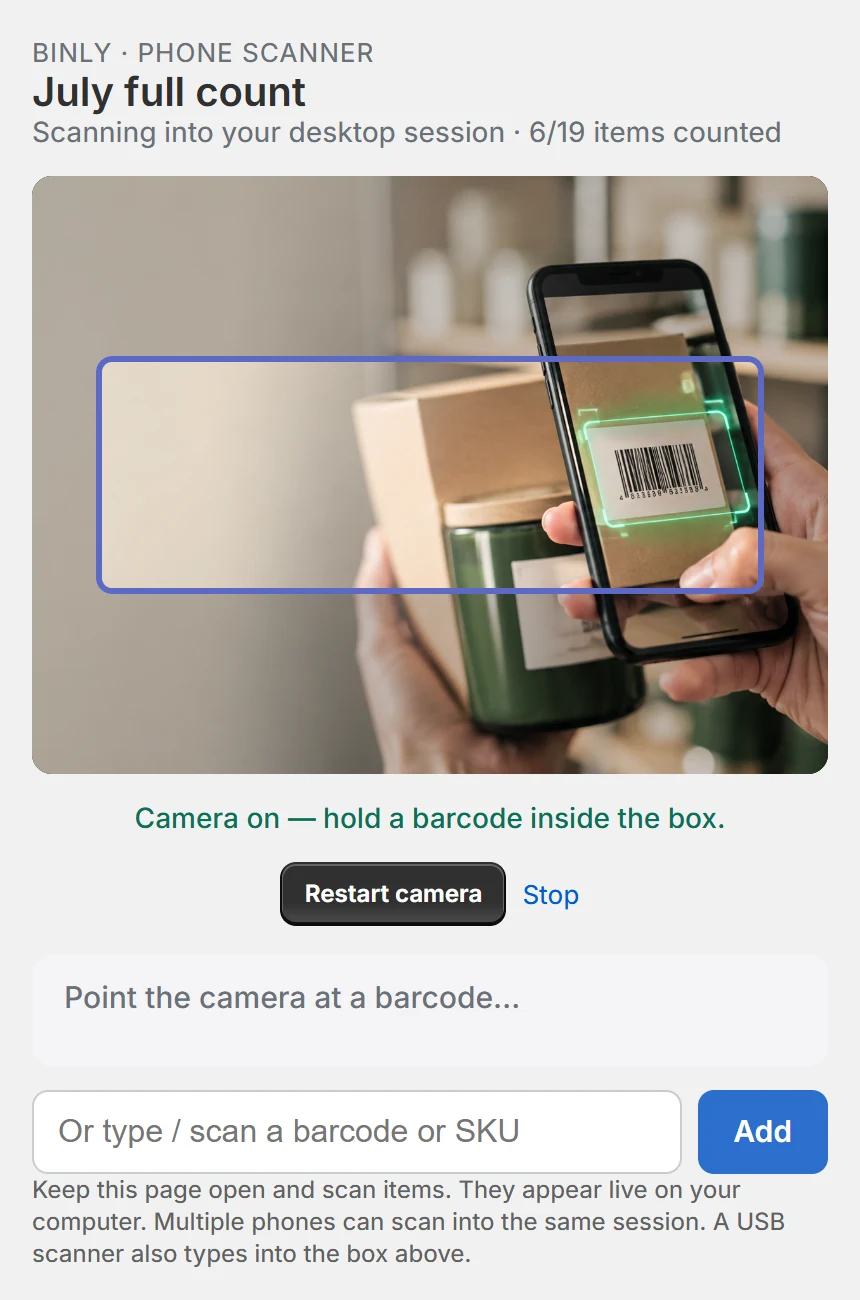 Binly phone scanner counting stock into a desktop session