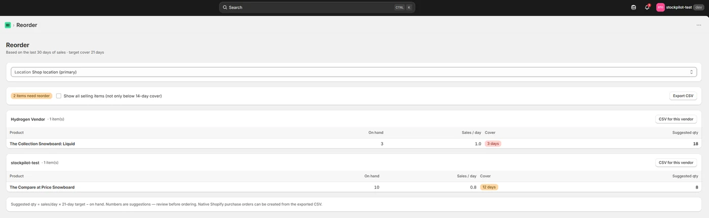 Binly reorder screen grouped by vendor with days of cover and suggested quantity