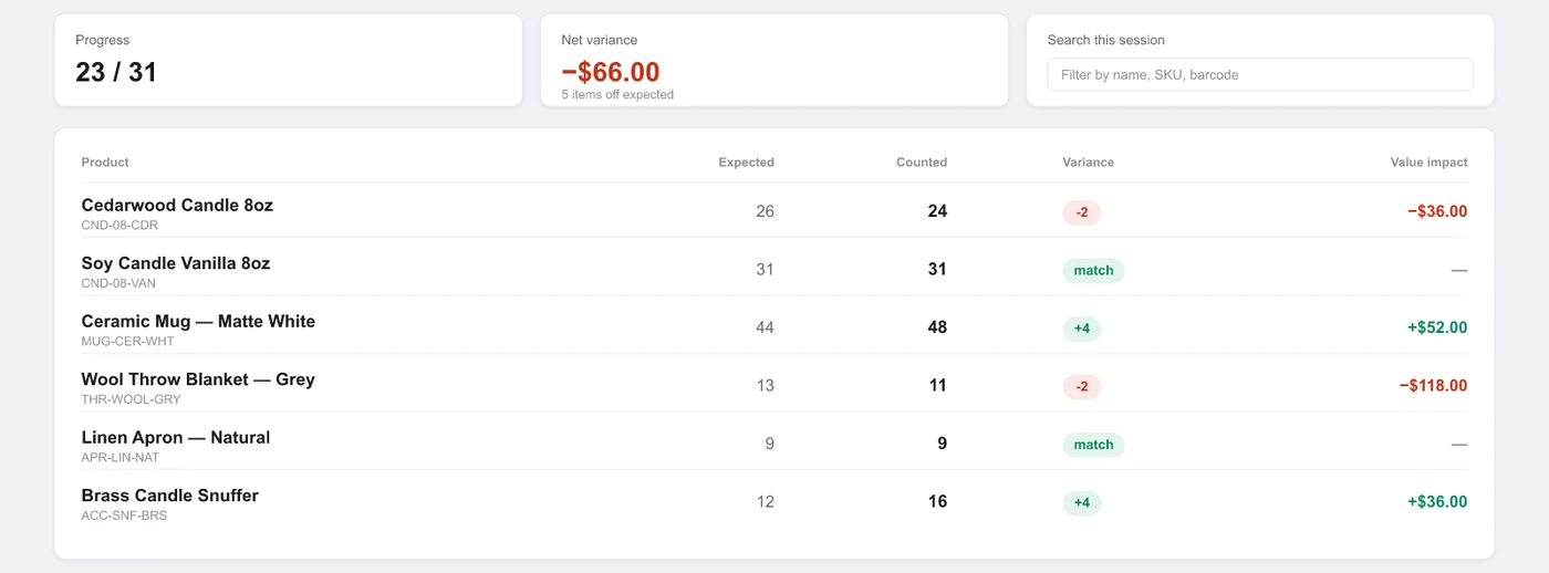 Binly stocktake screen with live variance while counting